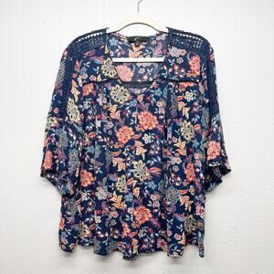 GNW Dark Floral Womens Top 2X Relaxed Crochet Cottagecore Dark Fairy Boho